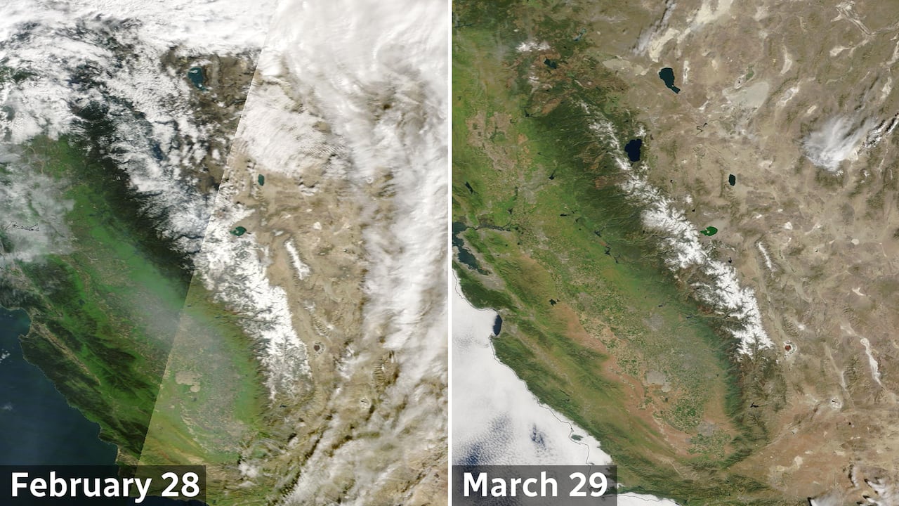 before after image of Sierra Nevada mountain range Feb. 28 and March 29 2026