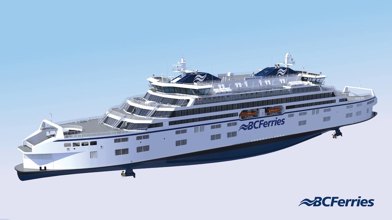 A model of a sleek new white ferry with multiple decks and many windows and the words, BC Ferries, emblazoned in blue on its side.