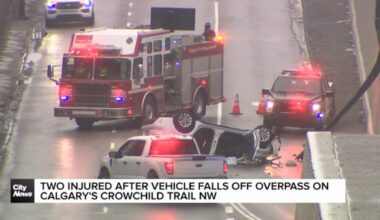 Two injured after vehicle falls off overpass on Calgary’s Crowchild Trail NW