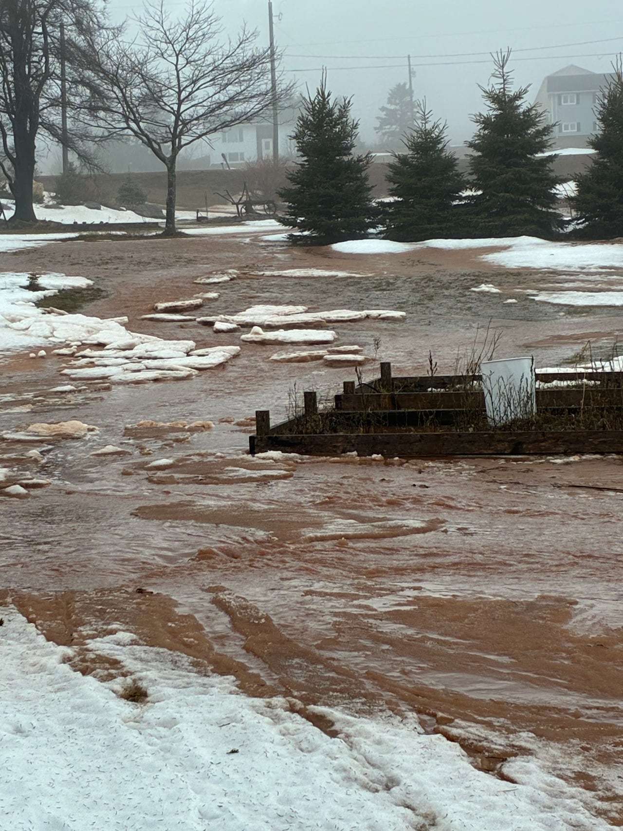 Water flowing from higher ground across the road and through a culvert on its way toward the Northumberland Strait is flooding several properties in the Rice Point area.