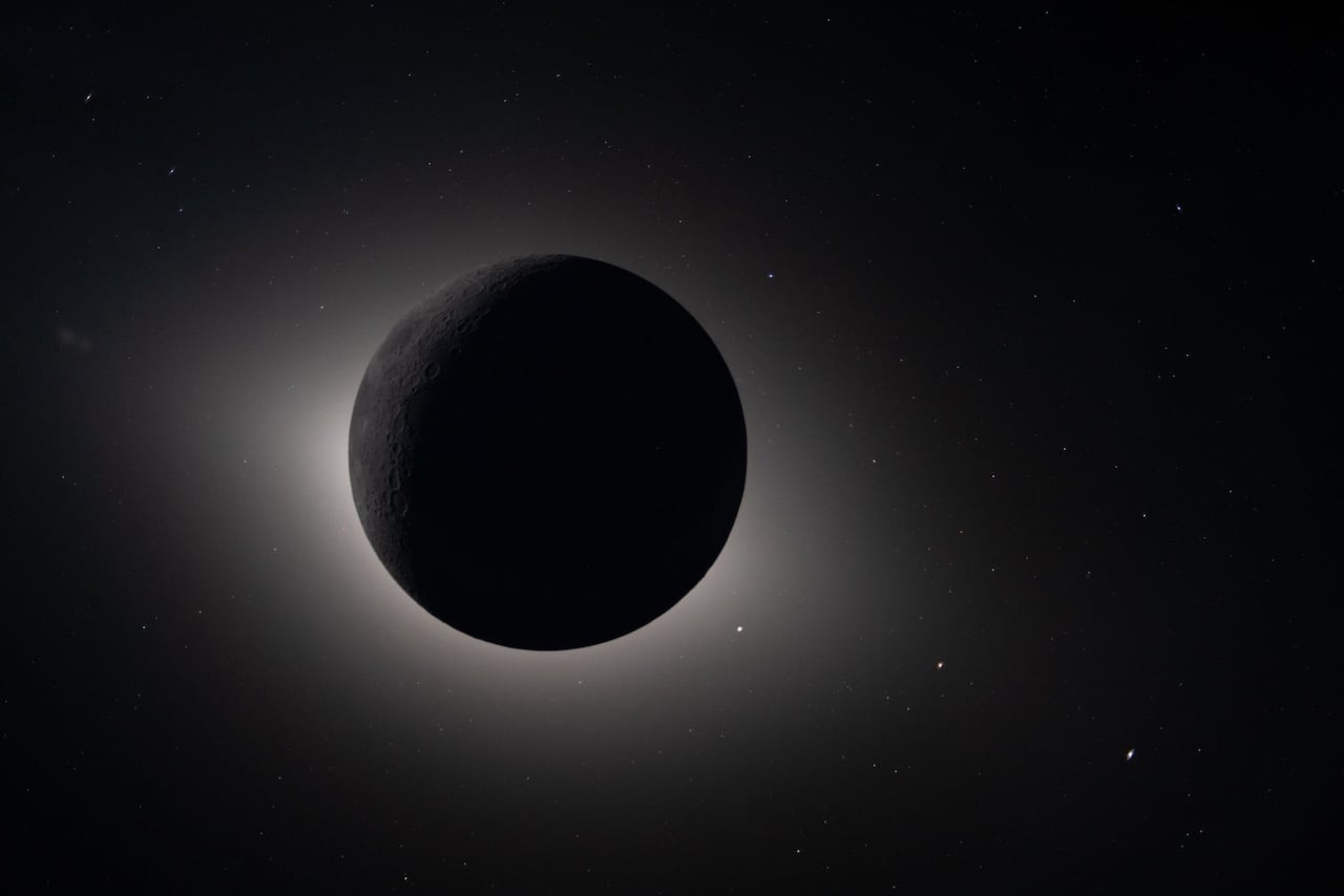 The moon eclipses sun, seen from space