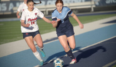 Greenwood's Emily Jones (right) dribbles the soccer ball while being defended by Lubbock-Cooper Liberty's Emily Southwell, Feb. 24, 2026, at J.M. King Memorial Stadium. 