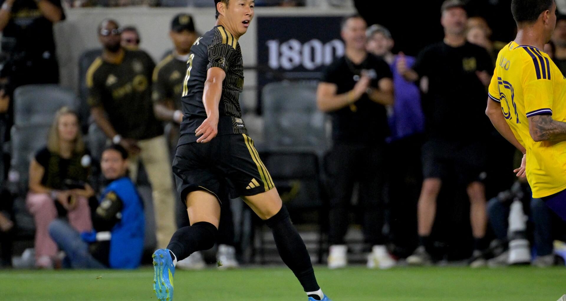 Son Heung-Min watches his shot on goal in the second half against Orlando City at BMO Stadium. Yonhap