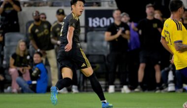 Son Heung-Min watches his shot on goal in the second half against Orlando City at BMO Stadium. Yonhap