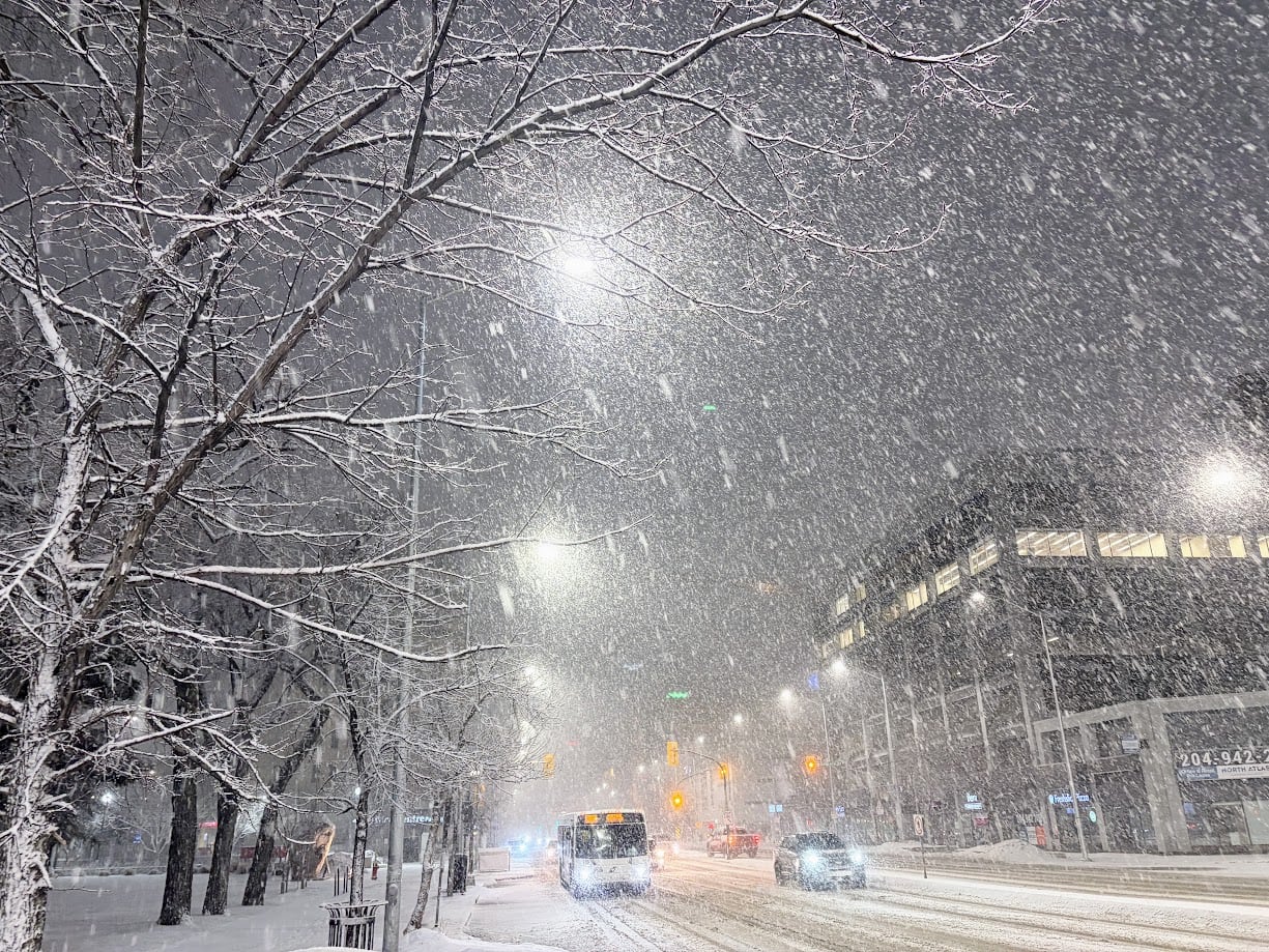 Heavy snow falls over a busy street.