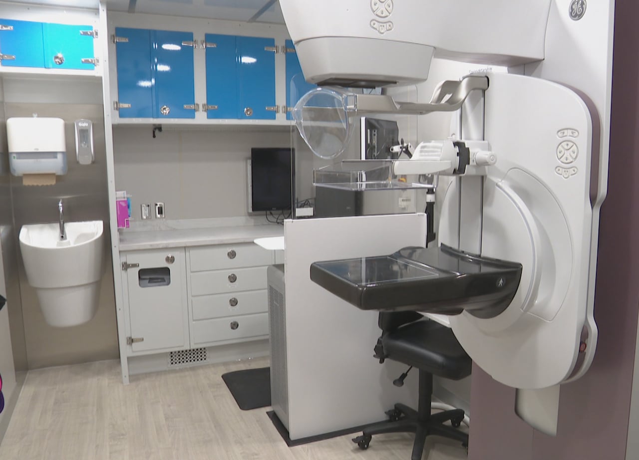 A small room containing a mammogram machine, a counter and a sink.