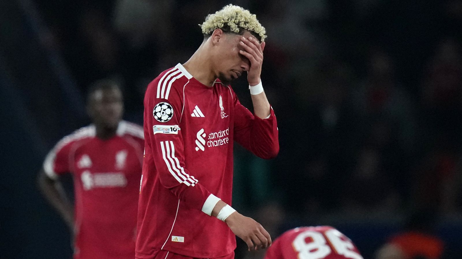 Hugo Ekitike reacts after Liverpool fall 2-0 down to PSG in the Champions League quarter-final first leg