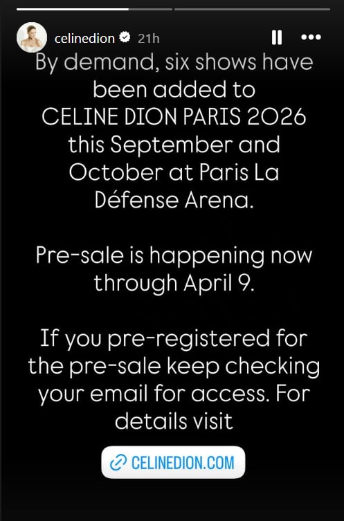 White text on a black background, stating that Celine is adding more dates to her current Paris run.