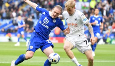 Oliver Skipp of Leicester City and Melker Widell of Swansea City in EFL Championship action