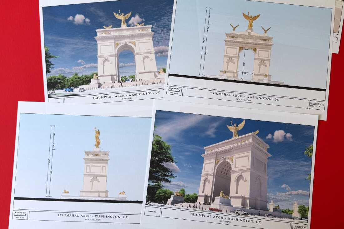 Artist renderings and diagrams for President Trump's proposed triumphal arch released by the U.S. Commission of Fine Arts on April 10, 2026.