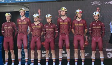 Members of the Modern Adventure pro cycling team, including American riders Ezra Caudell, Sean Christian, Cole Kessler, Brody McDonald, Scott McGill, and Australian riders Ben Oliver and Paul Wright, participate in the team presentation of the Grand Prix de Denain-Porte du Hainaut (1.Pro) on March 19, 2026. (Photo by Gautier Demouveaux/NurPhoto via Getty Images)