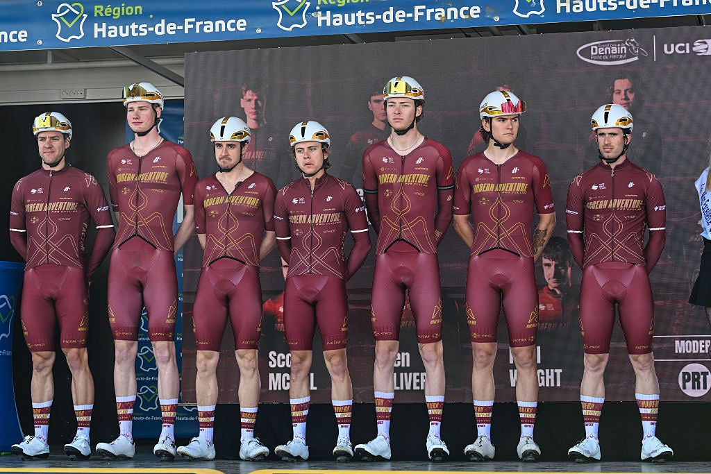 Members of the Modern Adventure pro cycling team, including American riders Ezra Caudell, Sean Christian, Cole Kessler, Brody McDonald, Scott McGill, and Australian riders Ben Oliver and Paul Wright, participate in the team presentation of the Grand Prix de Denain-Porte du Hainaut (1.Pro) on March 19, 2026. (Photo by Gautier Demouveaux/NurPhoto via Getty Images)