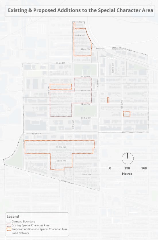 A map of existing and proposed additions to the special character area of the Garneau neighbourhood.