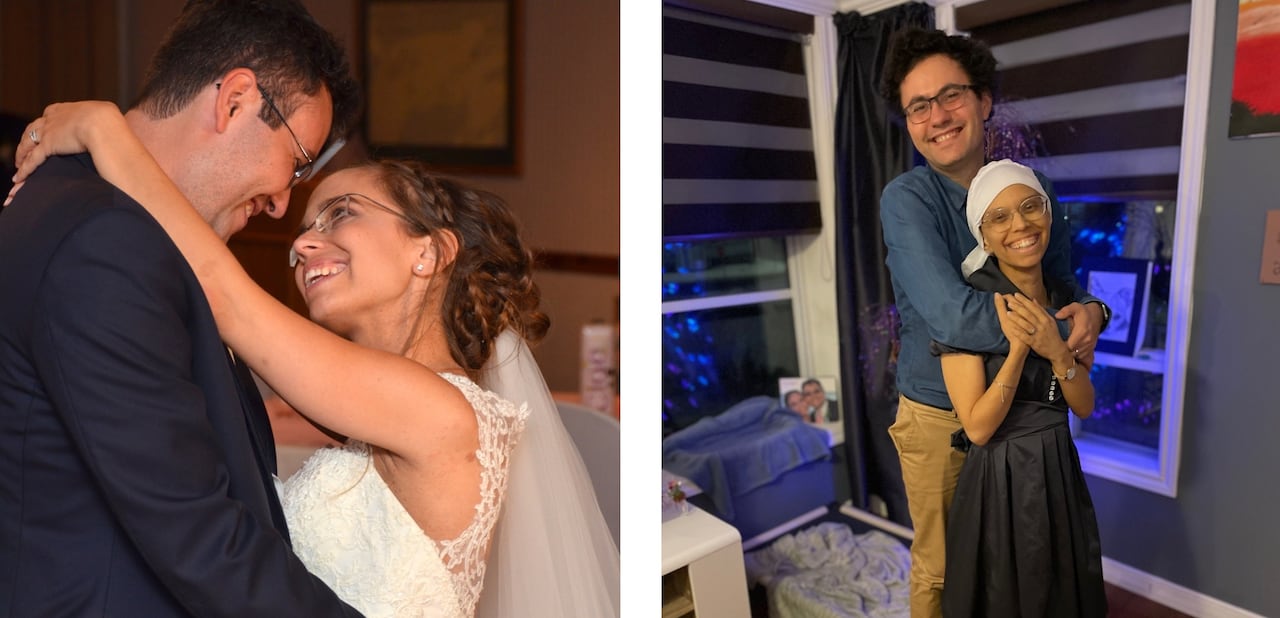 Jason Ellis with his late wife Marilyne on the couple's wedding day (left) and less than two months before she passed away from cancer (right).