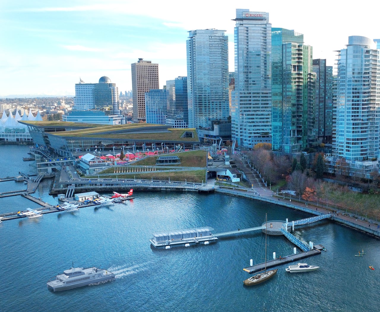 An aerial view of skyscrapers, with ferries departing from a dock in the foreground.