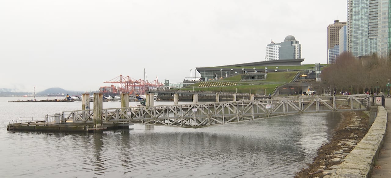 A small dock on a city harbourfront on a cloudy day.