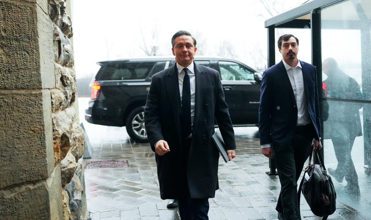 Conservative Leader Pierre Poilievre arrives to Parliament Hill in Ottawa on Monday, April 13, 2026.