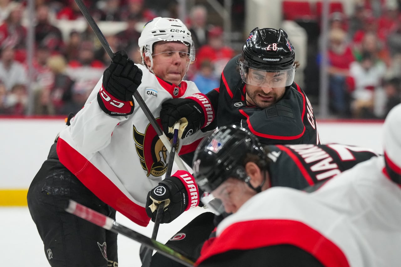 Two hockey players push each other during a game.