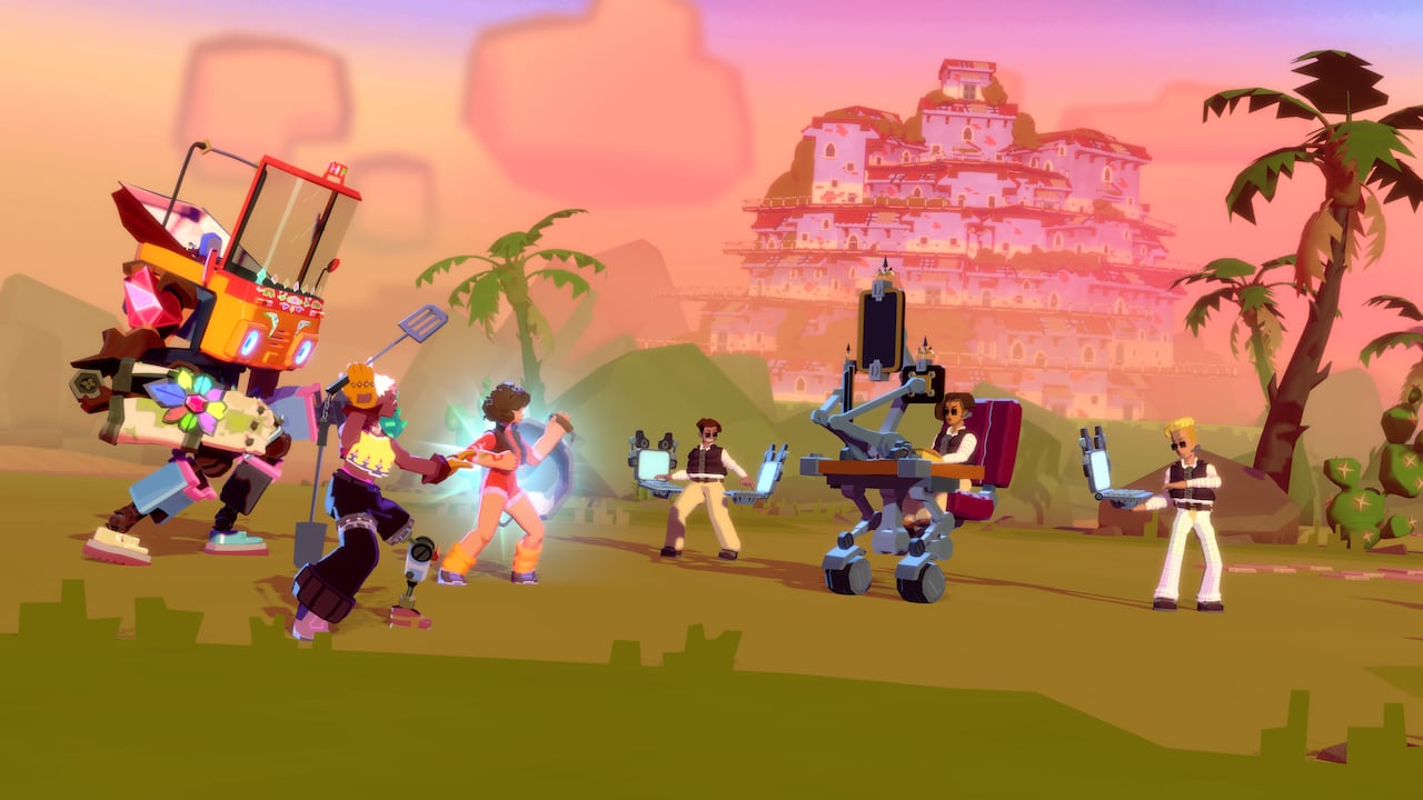 Video game screenshot of characters facing off to fight in front of a resort town.