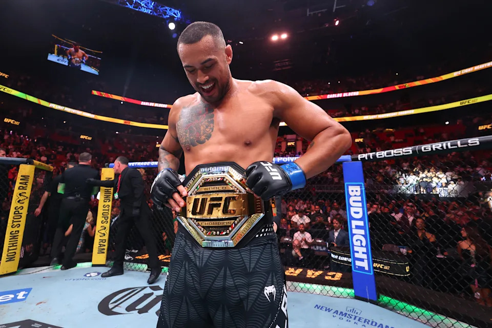MIAMI, FLORIDA - APRIL 11: Carlos Ulberg of New Zealand reacts after a knockout victory against Jiri Prochazka of the Czech Republic in the UFC light heavyweight championship fight during the UFC 327 event at Kaseya Center on April 11, 2026 in Miami, Florida. (Photo by Ed Mulholland/Zuffa LLC)