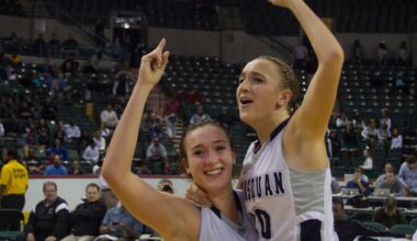 Manasquan sisters Marina and Dara Mabrey celebrate their Tournament of Champions victory over St Rose at Sun National Bank Center in Trenton.