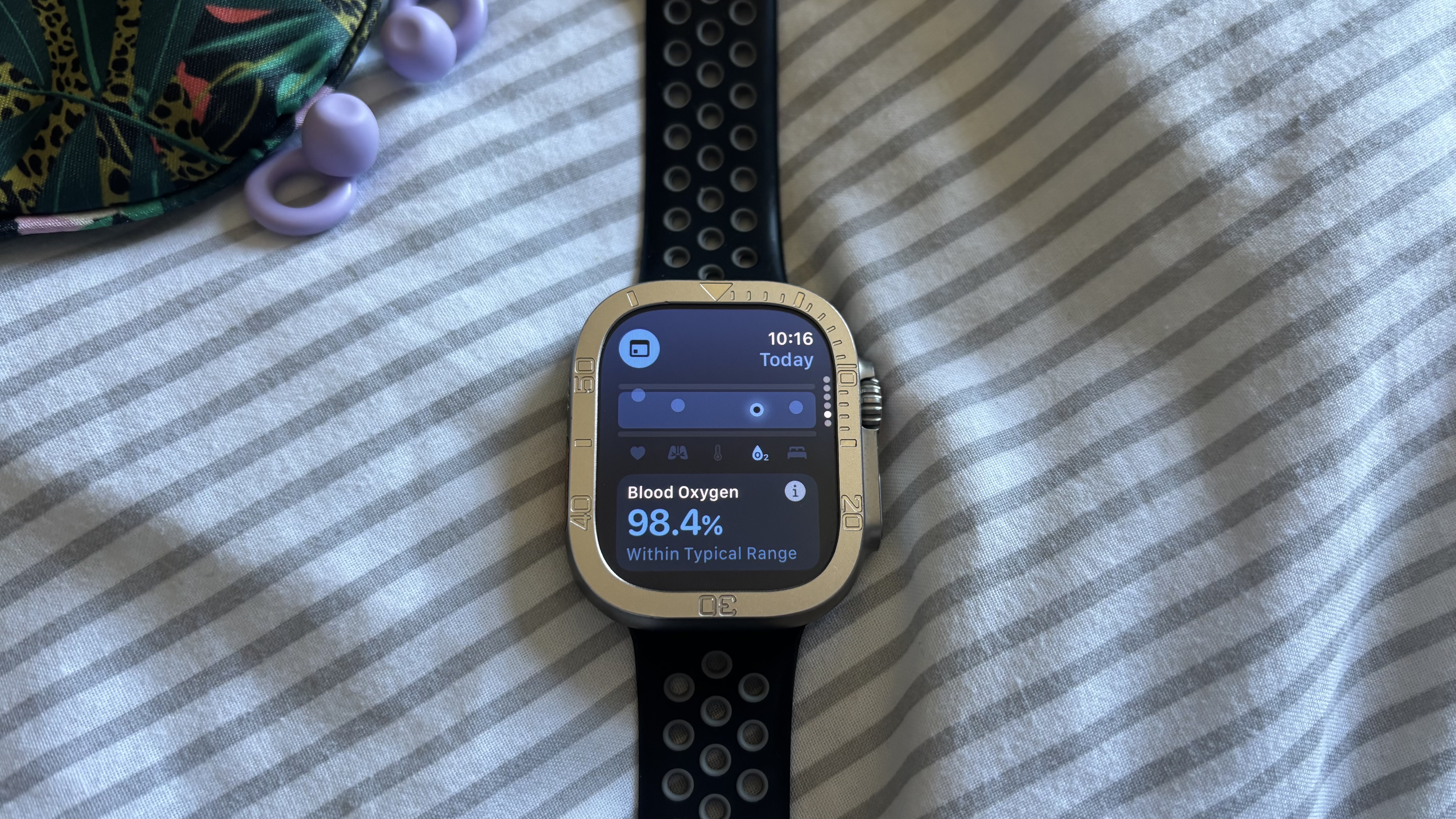 The Vitals App on the face of the Apple Watch Ultra, displaying bood-oxygen levels during sleep.