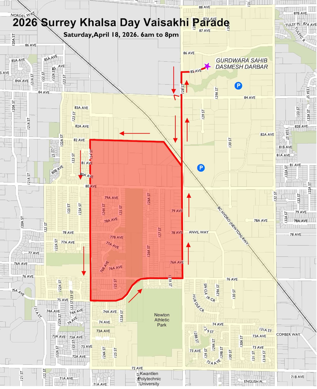 A map that shows road closures in a large area of Surrey just southwest of Gurdwara Sahib Dasmesh Darbar and north of Newton Athletic Park.