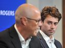 Vancouver Canucks GM Patrik Allvin and Quinn Hughes at the September 11, 2023 press conference when Hughes was named team captain. 