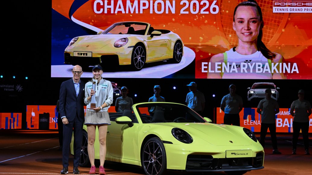2026 Porsche Tennis Grand Prix: Dr. Michael Leiters (Chairman of the Executive Board, Porsche AG) and Winner Elena Rybakina (KAZ), Porsche Tennis Grand Prix, 2026, Porsche AG