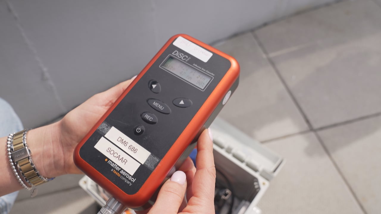 Instrument for measuring ultrafine particles is set up at the top of Joan Prowse and Brenda Roman’s co-op building in Bathurst Quay.