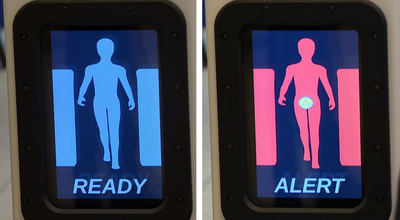 A side-by-side photo shows the results that security guards see when people pass through AI detectors that looks for suspicious items.