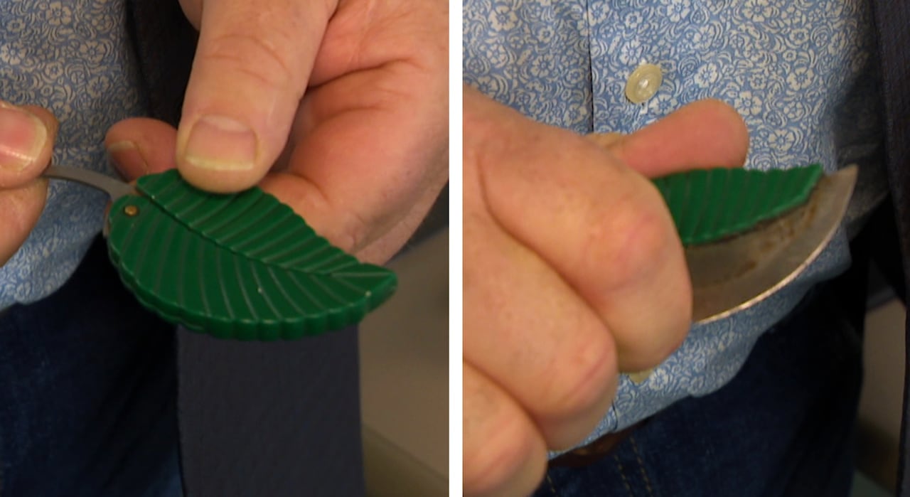 A side-by-side photo shows an item that looks like a keychain, but when opened, it's a blade.