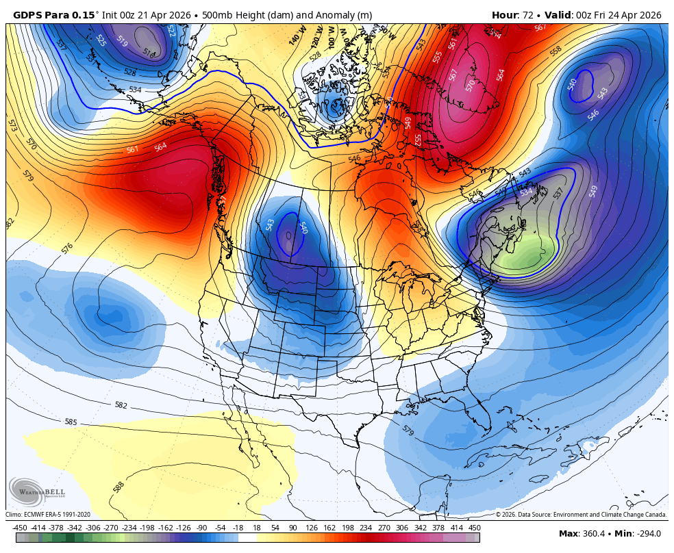Image shows a snapshot from an Environment and Climate Change Canada's new AI hybrid model at the 500 mb level.