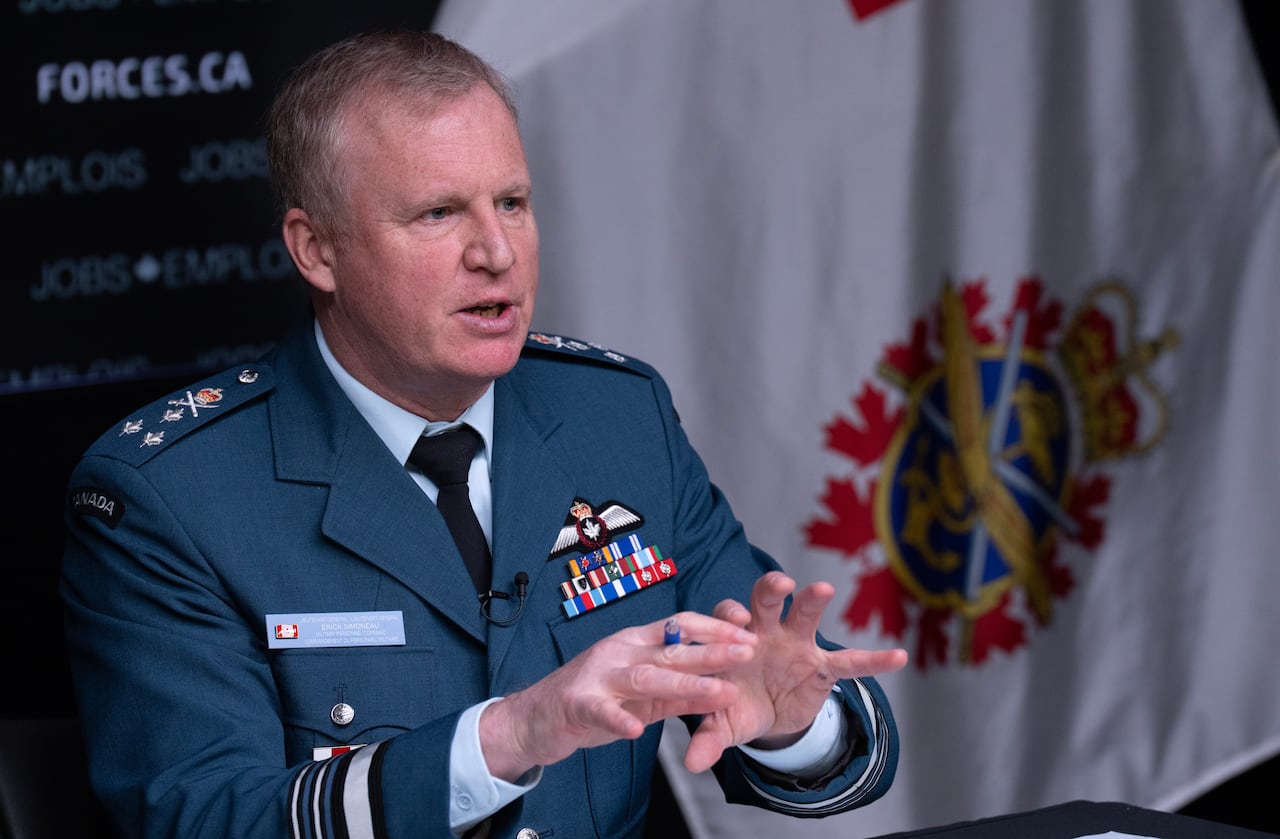 Canadian Forces Chief of Military Personnel and Commander of Military Personnel Command Lt-Gen. Erick Simoneau responds to a question during a briefing about recruitment efforts during a briefing in Ottawa, Monday, April 20, 2026 in Ottawa.