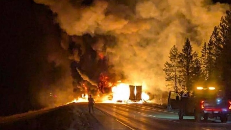 UPDATE: Clean-up ongoing as semi carrying resin catches fire on Coquihalla near Merritt