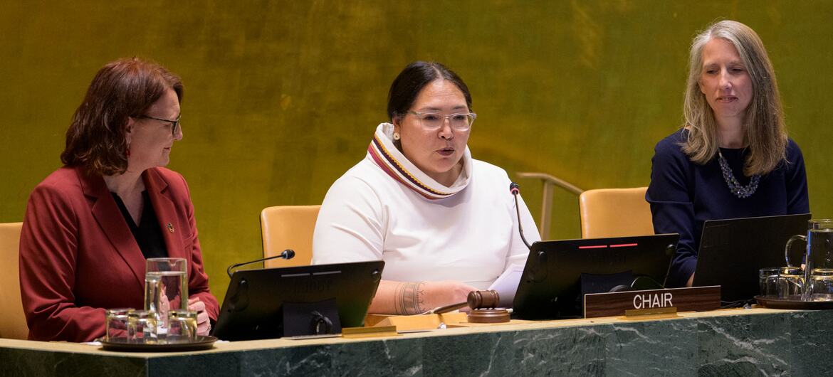 Aluki Kotierk, Inuk leader and former President of Nunavut Tunngavik, chairs the Permanent Forum on Indigenous Issues (UNPFII) session on Indigenous Peoples' health. On her right is Cherith Norman Chalet (DGACM) and on her left is Bjørg Sandkjær (UN DESA).