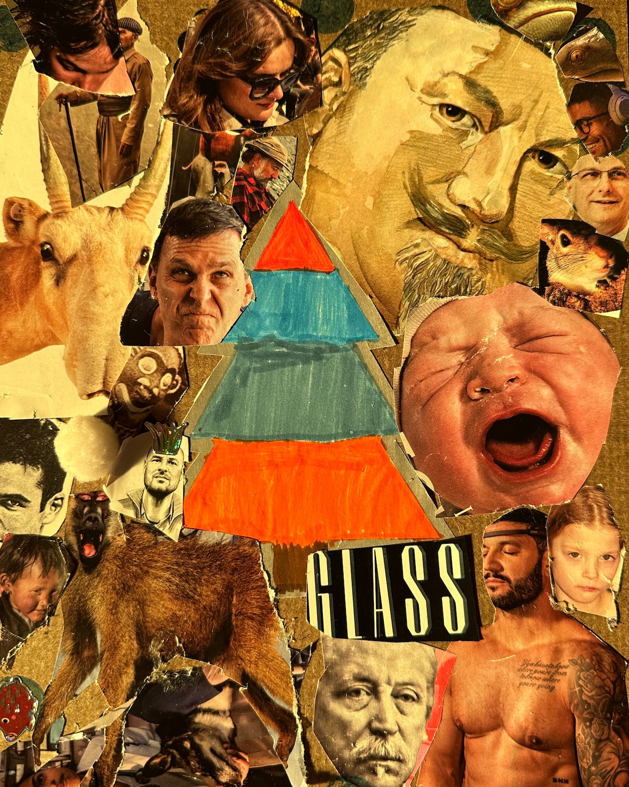 A collage of cut up magazine images mostly of angry or sad faces.