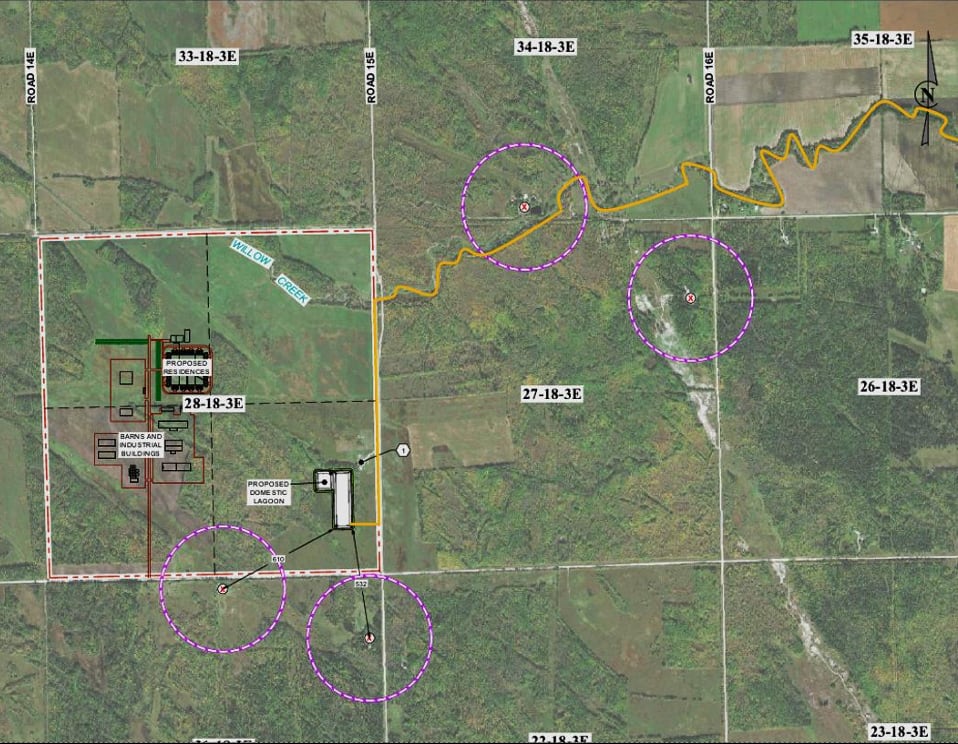 A map showing the drainage path of the wastewater lagoon as well as the rest of the Crystal Springs colony development submitted as part of the project's Environmental Act proposal.
