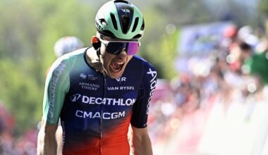 Decathlon CMA CGM Team's French Paul Seixas celebrates as he crosses the finish line to win 'La Fleche Wallonne' one day cycling race, 200 km from Herstal to Huy, on April 22, 2026. (Photo by ) / Belgium OUT