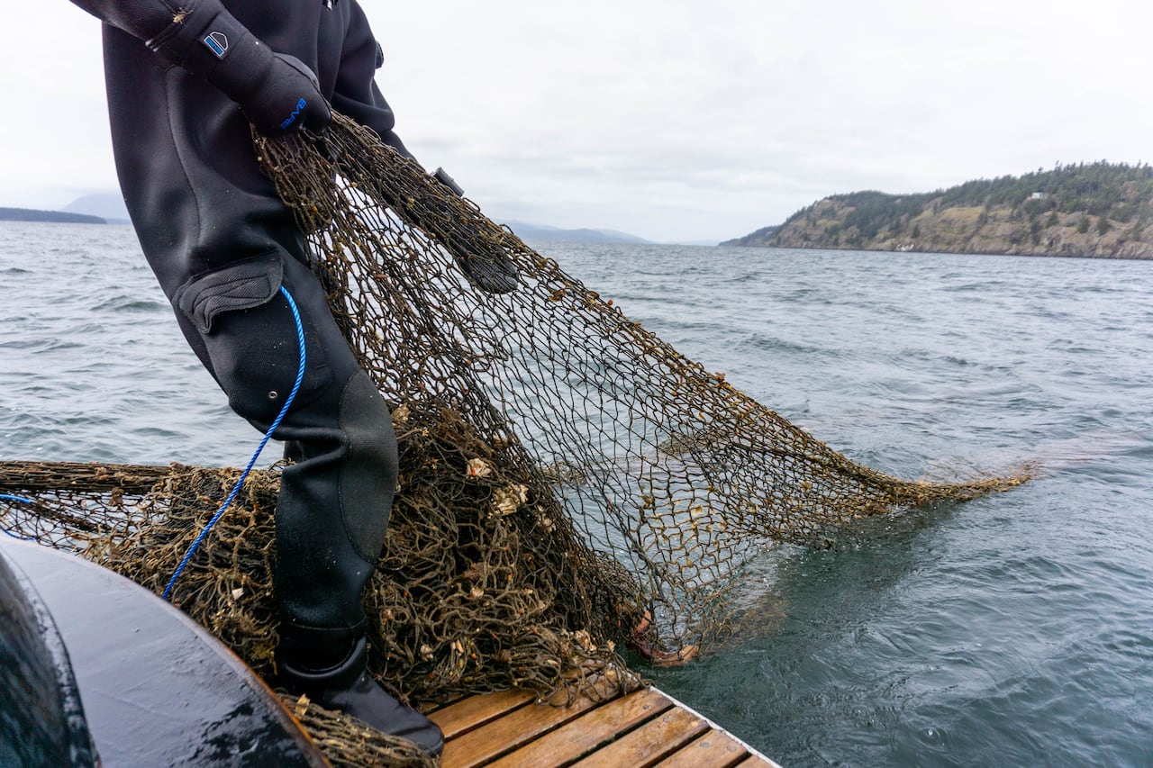 A man in diving gear, standing on what appears to be the side of a boat, is seeing pulling a massive net out of the water.