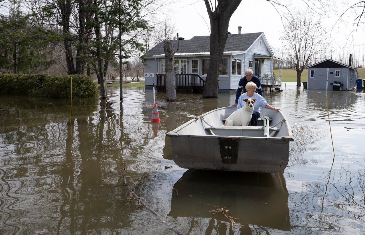 An elderly man and woman are pictured in a boat with their dog. They're floating on flooded streets.