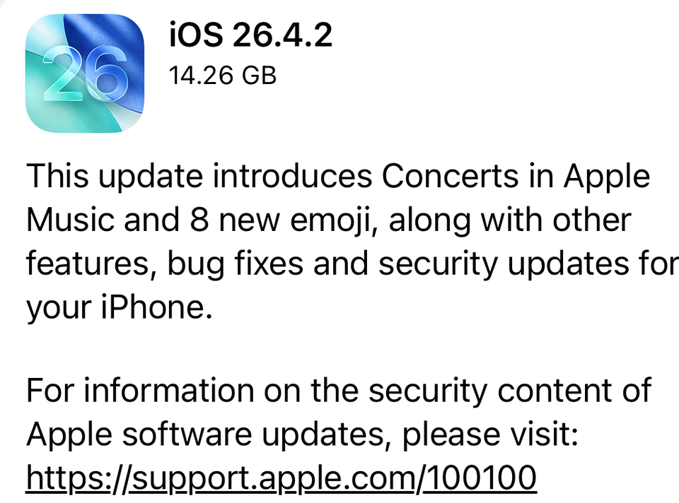 Apple iOS 26.4.2 displayed on an iPhone 16 Pro screen