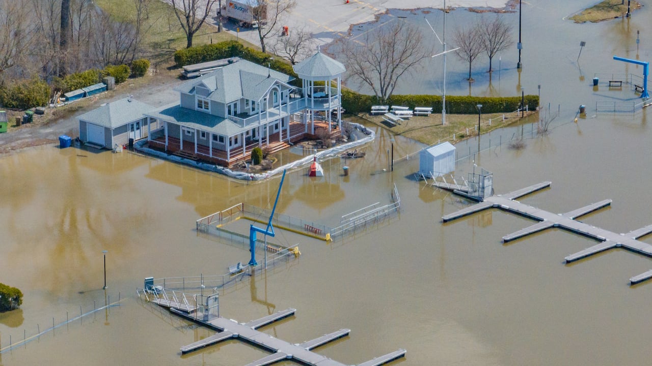 A marina in Gatineau sits partly consumed by water.