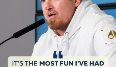 Athlete Adam Bighill speaking at a press conference; quote overlay reads: 'It’s the most fun I’ve had playing professional football.'