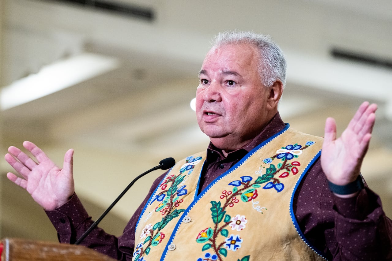Manitoba Métis Federation president David Chartrand speaks during a press conference ahead of the planned Bill C-5 Summit in Ottawa, on Wednesday, Aug. 6, 2025.