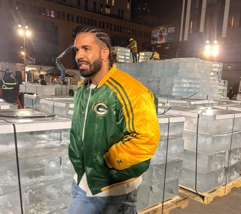 Drake by the ice sculpture