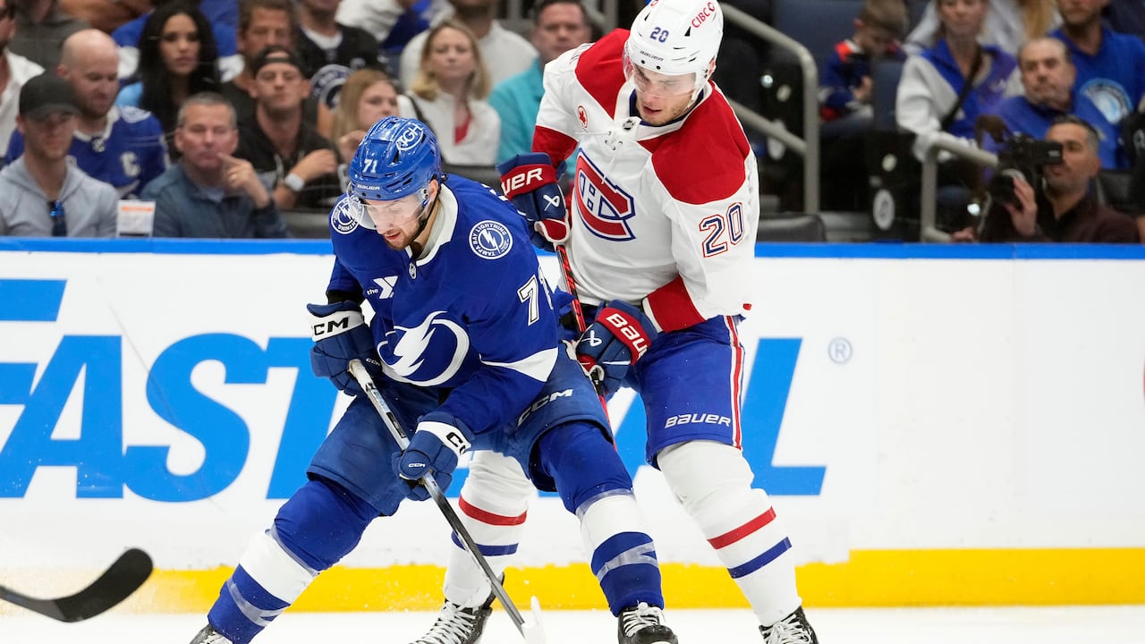 Two hockey players battling it out.