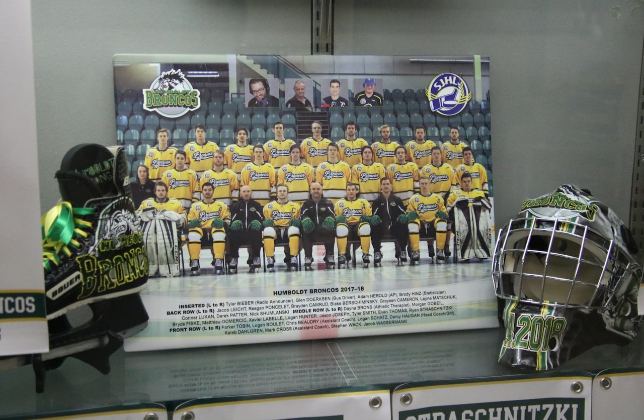 A memorial for the Humboldt Broncos is set up at the Elgar Petersen Arena, where the junior hockey team plays in Humboldt, Sask.