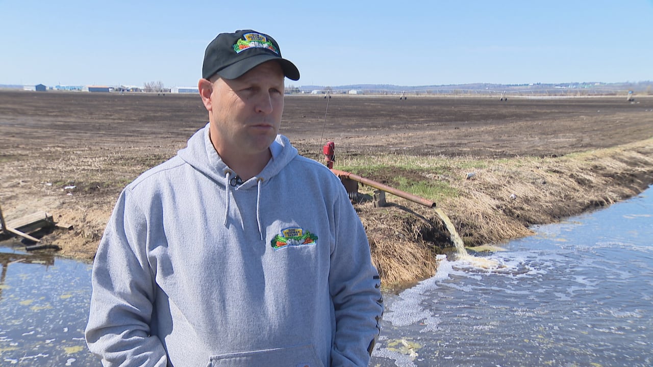 A man stands next to some farm land, wearing a cap and a sweater with the Don Chapman Farms logo.
