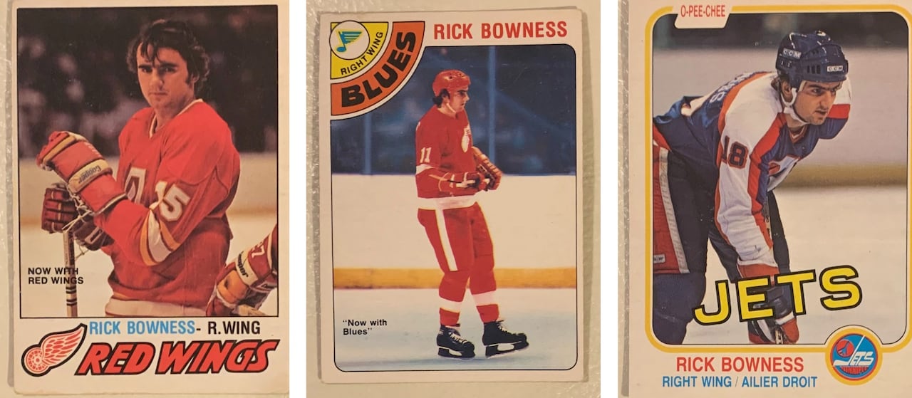 Three hockey cards are shown from a coach's playing career.